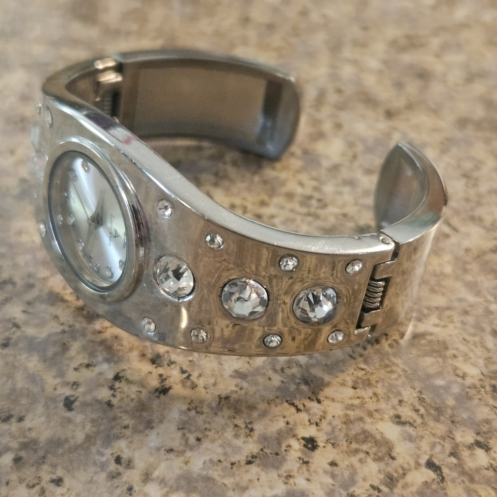 Silver Crystal-Studded Cuff Watch